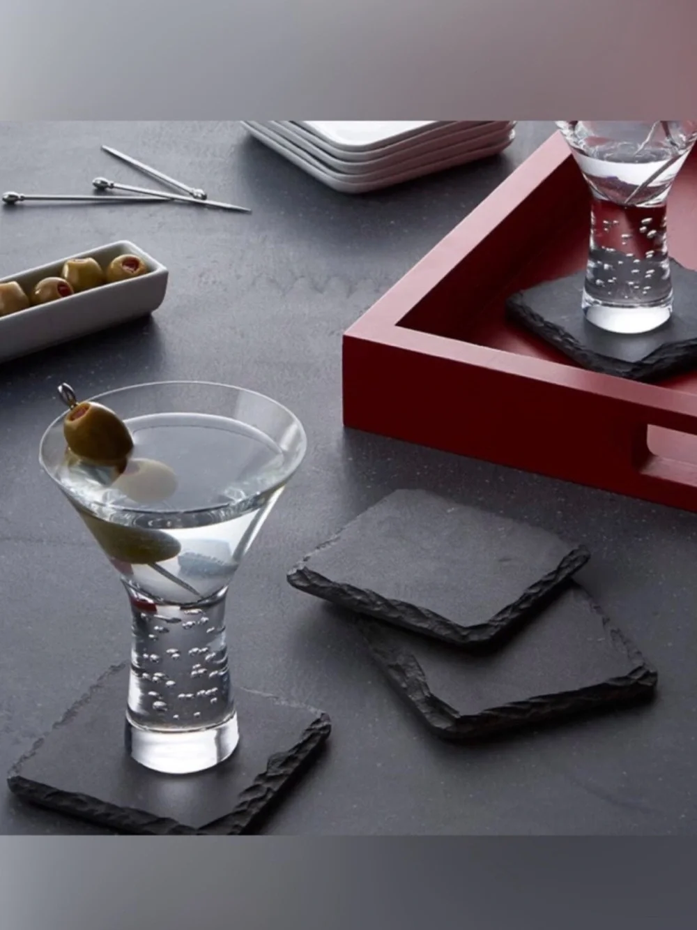 CRATE & BARREL / Slate Square Coasters - Black Stone Set of 4